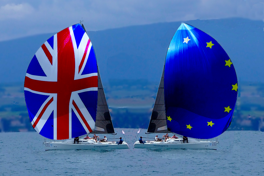 Boats with EU, UK flags sailing in opposite directions
