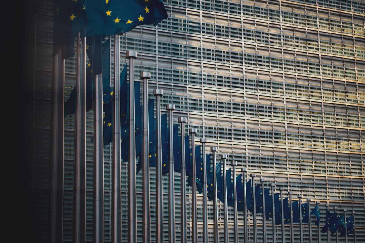 Flags of the member states of the European Union in front of the EU-commission building 